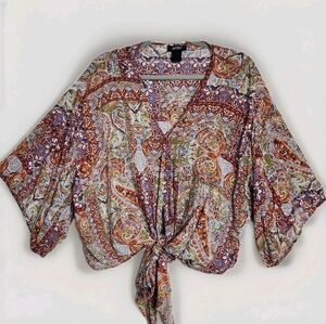 Just Polly NY Cropped V Neck Boho Patchwork Tie Front Blouse Women’s XL